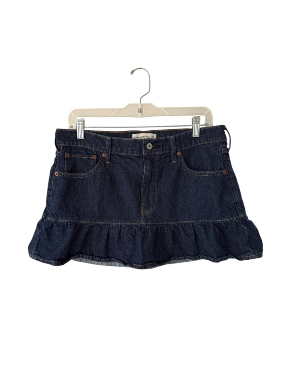 A & F Mid Rise Drop-waist Ruffle Denim Mini Skirt Blue Jean Size 29 Size 8 - Picture 2 of 11